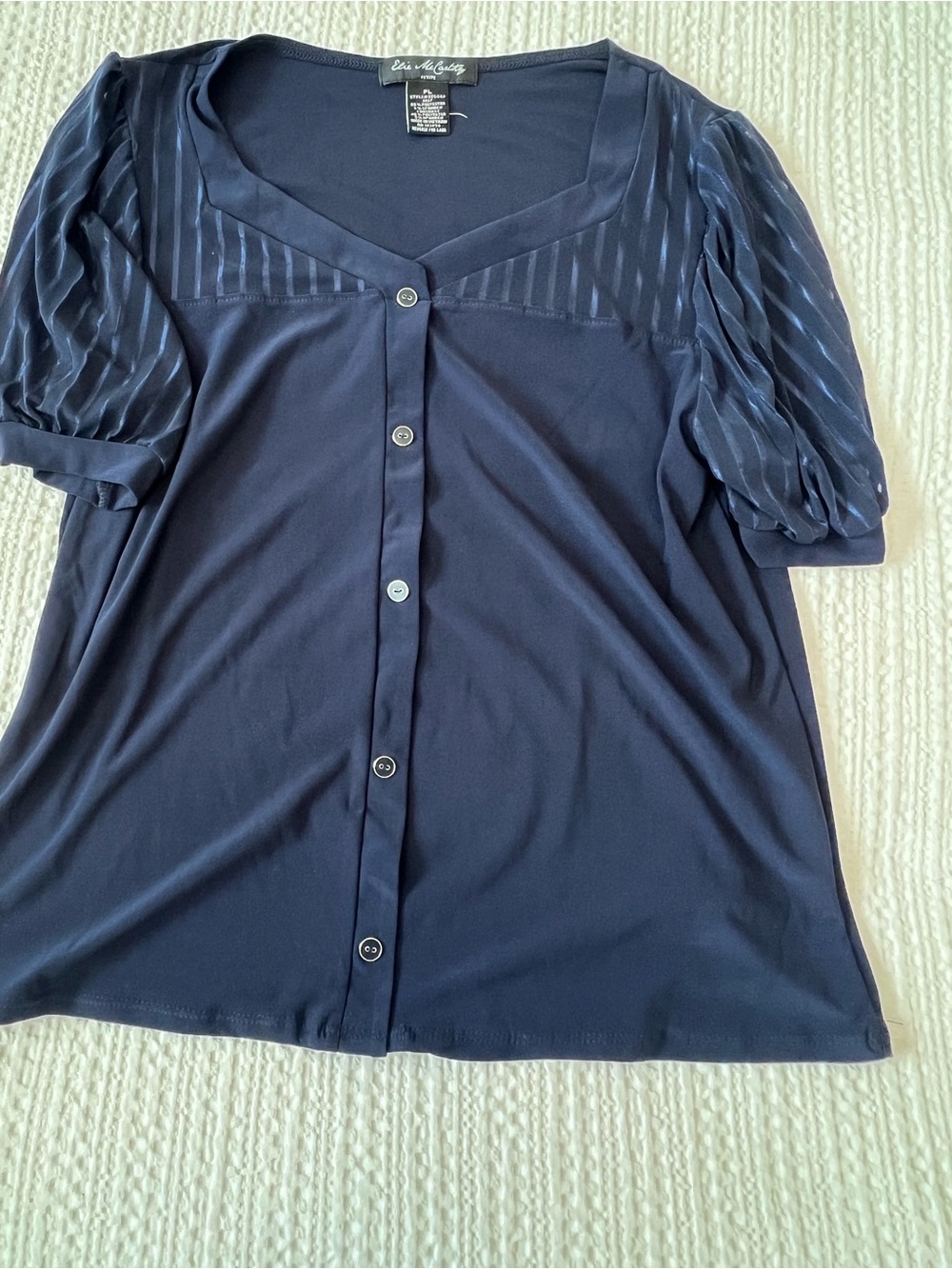 Petite Elie McCarthy Navy Button-Front Puff Sleeve Top